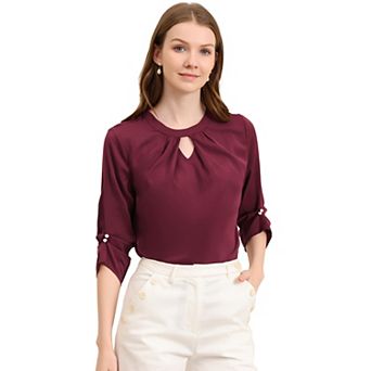 Women's Work Office Keyhole Pleated Front Ruched 3/4 Sleeve Shirt Chiffon Blouse