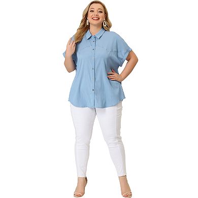 Women's Plus Shirt Button Down Chambray Short Sleeve Shirts