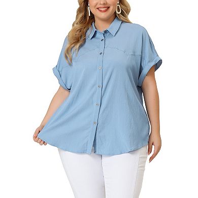Women's Plus Shirt Button Down Chambray Short Sleeve Shirts