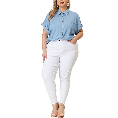 Women's Plus Shirt Button Down Chambray Short Sleeve Shirts