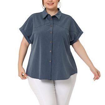 Women's Plus Shirt Button Down Chambray Short Sleeve Shirts