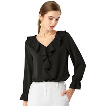 Women's Peasant Blouses Ruffle V Neck Elegant Chiffon Blouse Top