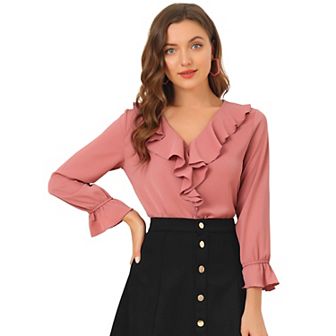 Women's Peasant Blouse Ruffle V Neck Elegant Chiffon Blouse Top