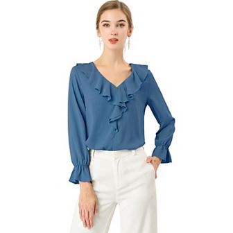 Women's Peasant Blouses Ruffle V Neck Elegant Chiffon Blouse Top