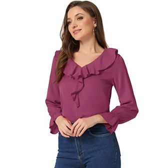 Women's Peasant Blouses Ruffle V Neck Elegant Chiffon Blouse Top