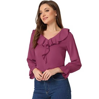 Women's Peasant Blouses Ruffle V Neck Elegant Chiffon Blouse Top