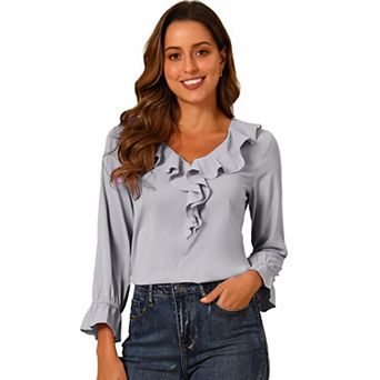 Women's Peasant Blouses Ruffle V Neck Elegant Chiffon Blouse Top