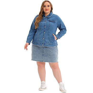 Women's Plus Size Button Down Chest Pocket Short Denim Jacket