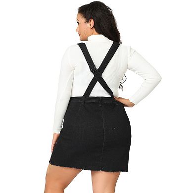 Women's Plus Size Raw Hem Denim Suspender Ripped Overall Dress