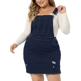 Women's Plus Size Raw Hem Denim Suspender Ripped Overall Dress