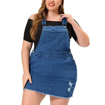Women's Plus Size Raw Hem Denim Suspender Ripped Overall Dress