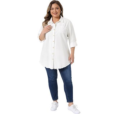 Women's Plus Size Long Sleeve Button Down Denim Long Shirt Jacket