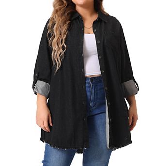 Women's Plus Size Long Sleeve Button Down Denim Long Shirt Jacket