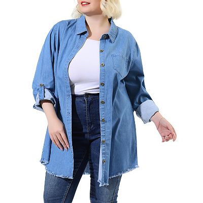 Women's Plus Size Long Sleeve Button Down Denim Long Shirt - Main Image