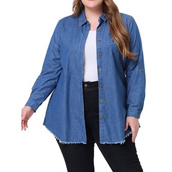 Women's Plus Size Long Sleeve Button Down Denim Long Shirt Jacket