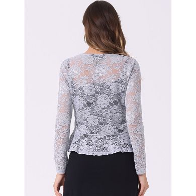 Women's Tie Front Crop Cardigan Ruffled Hem Floral Lace Sheer Shrug