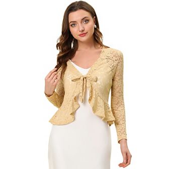 Women's Tie Front Crop Cardigan Ruffled Hem Floral Lace Sheer Shrug