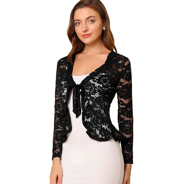 Women's Tie Front Crop Cardigan Ruffled Hem Floral Lace Sheer Shrug