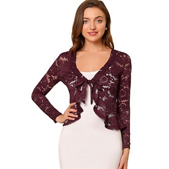 Women's Tie Front Crop Cardigan Ruffled Hem Floral Lace Sheer Shrug