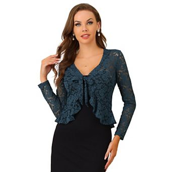 Women's Tie Front Crop Cardigan Ruffled Hem Floral Lace Sheer Shrug