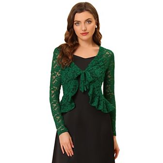 Women's Tie Front Crop Cardigan Ruffled Hem Floral Lace Sheer Shrug