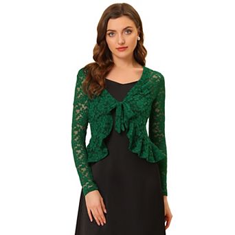 Women's Tie Front Crop Cardigan Ruffled Hem Floral Lace Sheer Shrug