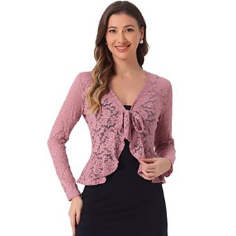Women's Tie Front Crop Cardigan Ruffled Hem Floral Lace Sheer Shrug