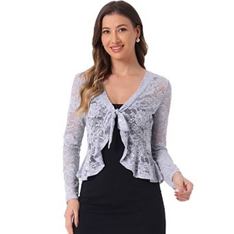 Women's Tie Front Crop Cardigan Ruffled Hem Floral Lace Sheer Shrug