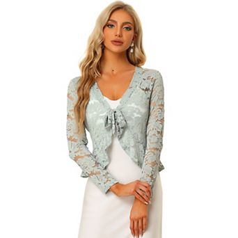 Women's Tie Front Crop Cardigan Ruffled Hem Floral Lace Sheer Shrug