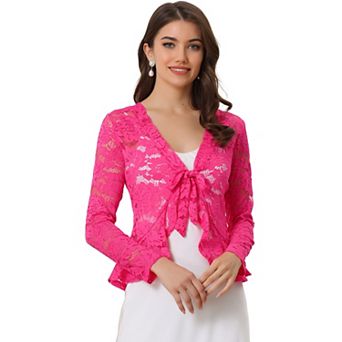 Women's Tie Front Crop Cardigan Ruffled Hem Floral Lace Sheer Shrug