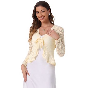 Women's Tie Front Crop Cardigan Ruffled Hem Floral Lace Sheer Shrug