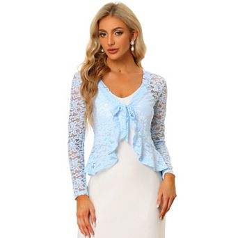 Women's Tie Front Crop Cardigan Ruffled Hem Floral Lace Sheer Shrug