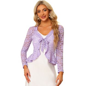 Women's Tie Front Crop Cardigan Ruffled Hem Floral Lace Sheer Shrug