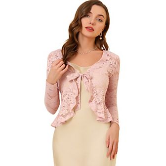 Women's Tie Front Crop Cardigan Ruffled Hem Floral Lace Sheer Shrug