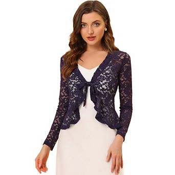 Women's Tie Front Crop Cardigan Ruffled Hem Floral Lace Sheer Shrug