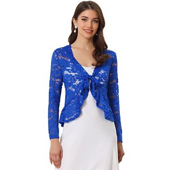 Women's Tie Front Crop Cardigan Ruffled Hem Floral Lace Sheer Shrug