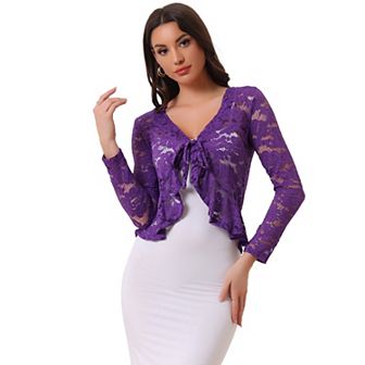 Women's Tie Front Crop Cardigan Ruffled Hem Floral Lace Sheer Shrug
