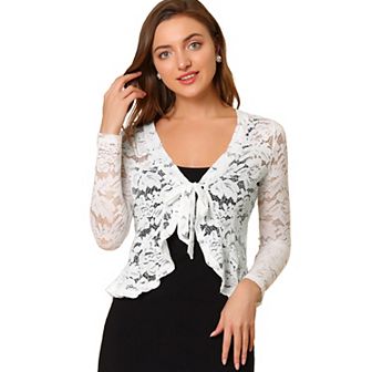 Women's Tie Front Crop Cardigan Ruffled Hem Floral Lace Sheer Shrug