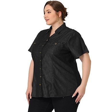 Women's Plus Workout Tops Chest Pocket Button Down Denim Shirts