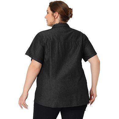 Women's Plus Workout Tops Chest Pocket Button Down Denim Shirts