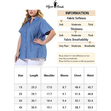 Women's Plus Workout Tops Chest Pocket Button Down Denim Shirts