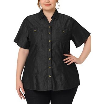 Women's Plus Workout Tops Chest Pocket Button Down Denim Shirts