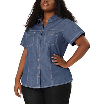 Women's Plus Workout Tops Chest Pocket Button Down Denim Shirts