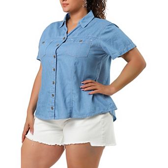 Women's Plus Workout Tops Chest Pocket Button Down Denim Shirts