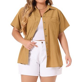 Women's Plus Workout Tops Chest Pocket Button Down Denim Shirts