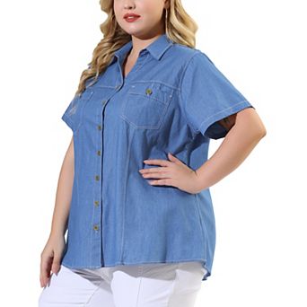 Women's Plus Workout Tops Chest Pocket Button Down Denim Shirts