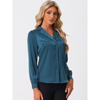Women's Elegant Collar Blouse Long Sleeve Work Office Satin Button Down Shirt