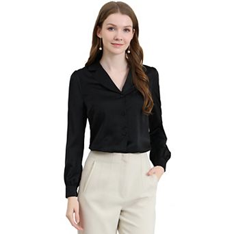 Women's Elegant Collar Blouse Long Sleeve Work Office Satin Button Down Shirt