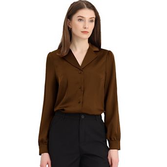 Women's Elegant Collar Blouse Long Sleeve Work Office Satin Button Down Shirt