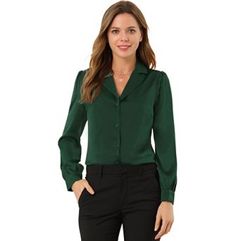 Women's Elegant Collar Blouse Long Sleeve Work Office Satin Button Down Shirt